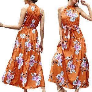 SHEIN Women's Floral Print Halter Long A-Line Dress Orange/Multi Size Medium